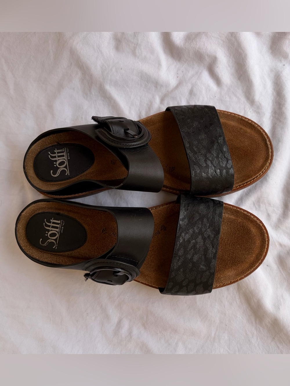 Sofft Braye Black Leather Slide Sandals Velcro adj top strap great cond Sz 8.5